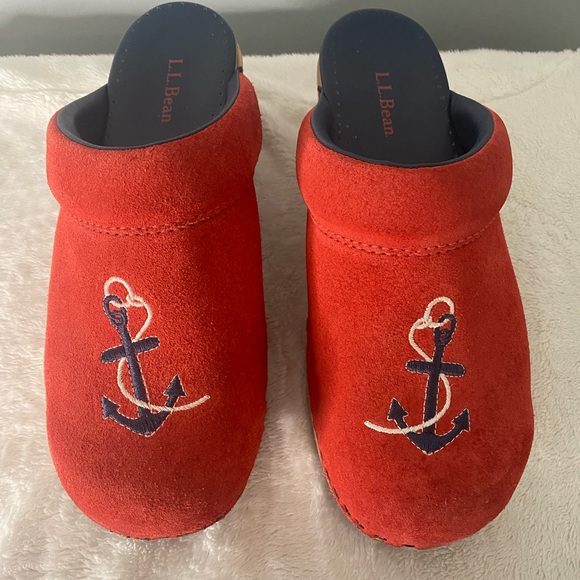 L L Bean Women’s Embroidered Anchor Red Suede Slides Clogs Mules Size 6.5 - Picture 9 of 11
